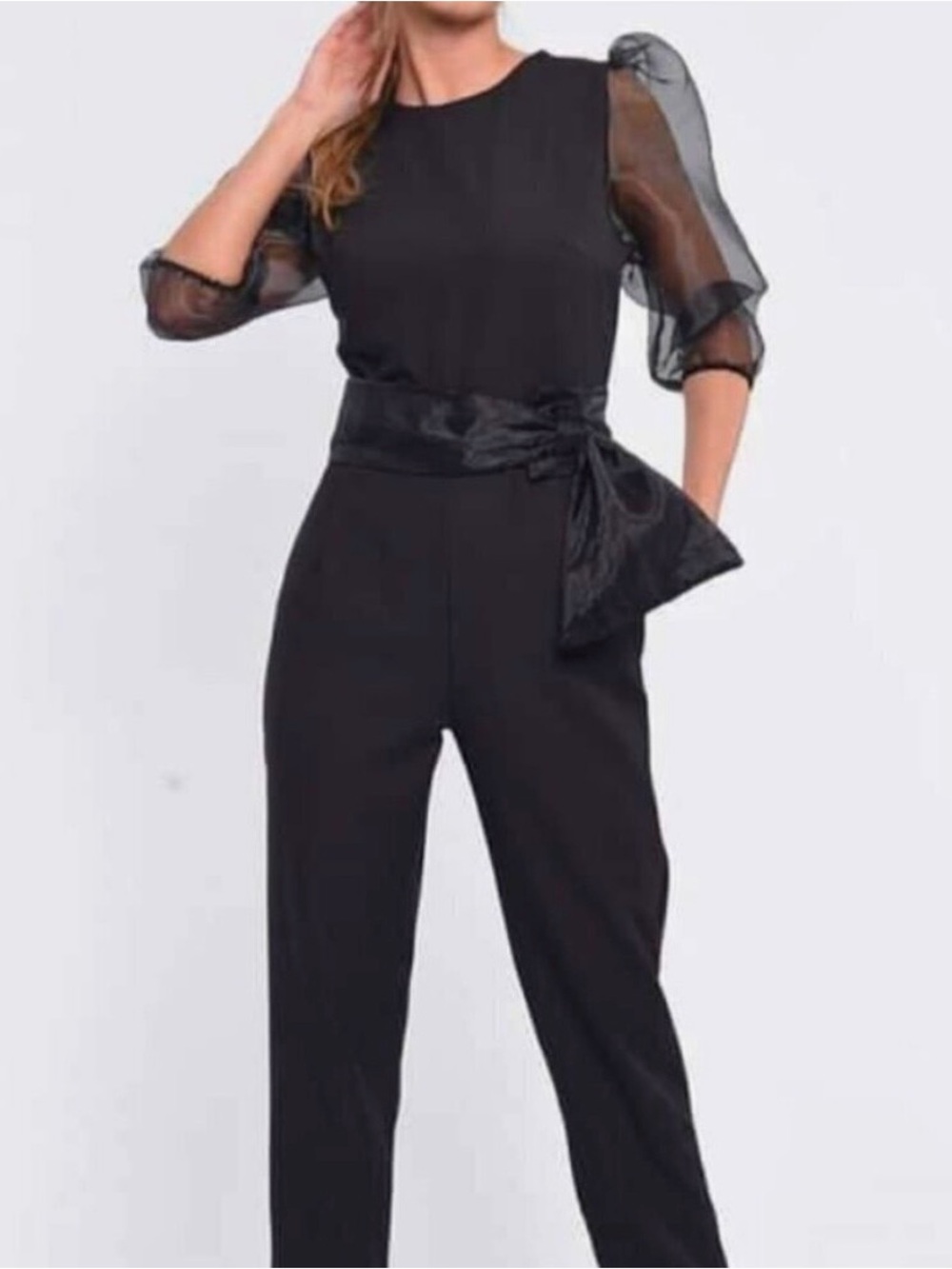 Zara Black Jumpsuit with Sheer Puff Sleeves (NO Bow belt)